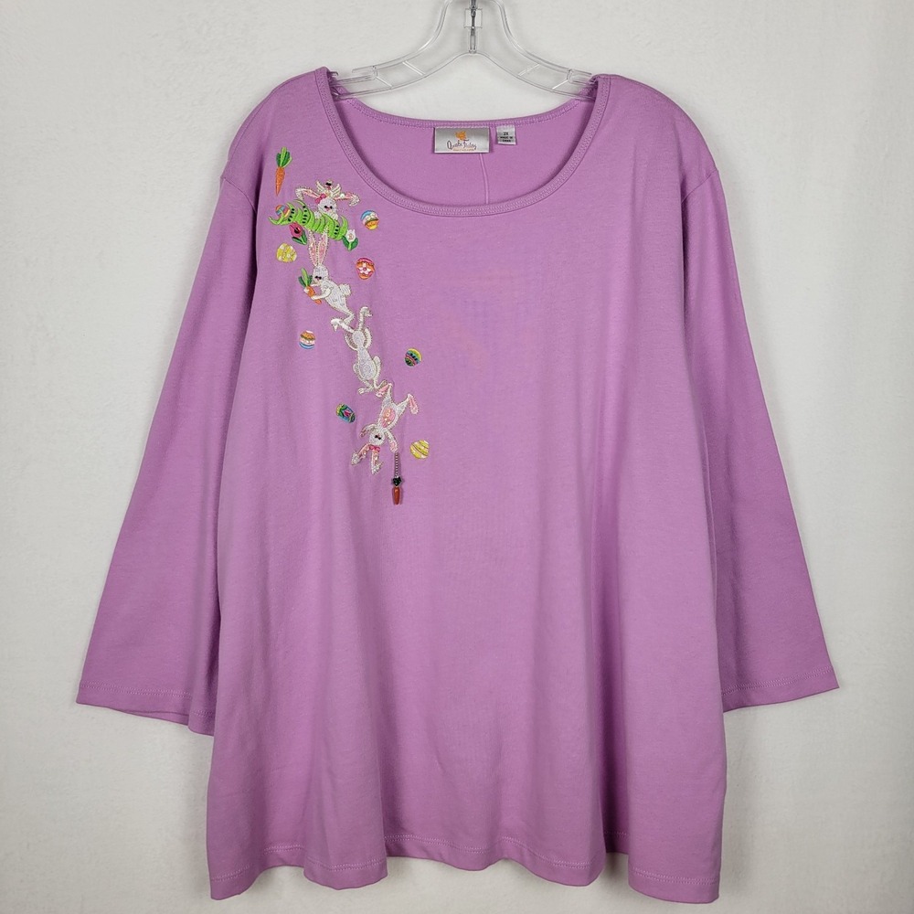 Quacker Factory Easter‎ Bunny Top 3X Lavender Embroidered Beaded Whimsical NWOT